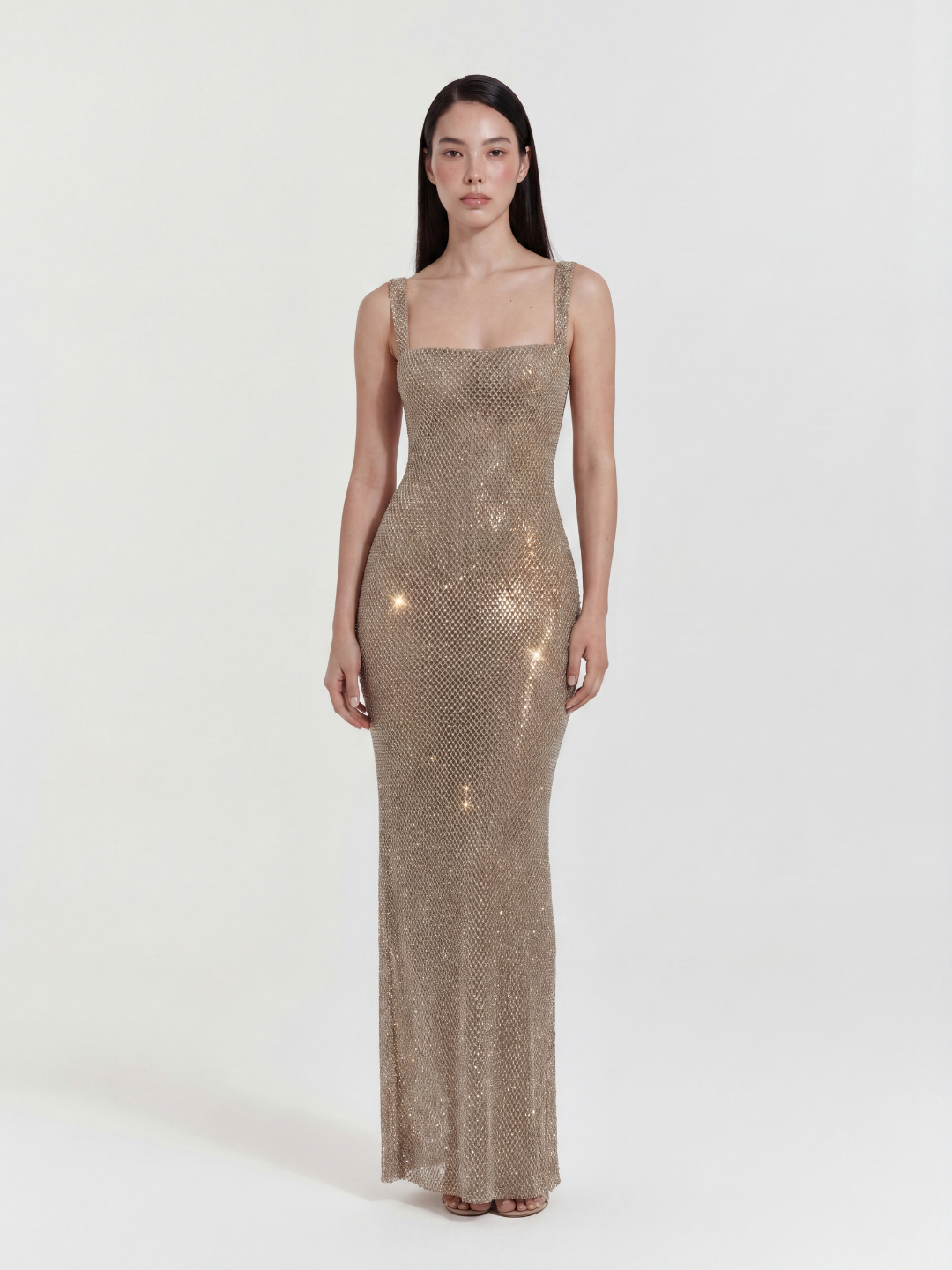 HALONA Women's Rhinestone Square-Neck Maxi Gown