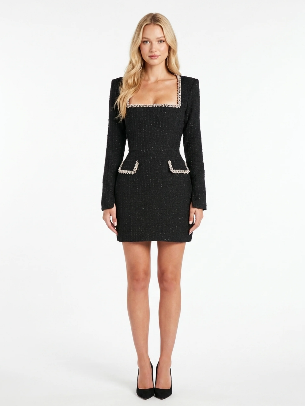XOCHITL Women's Tweed Pearl-Trim Long-Sleeve Mini Dress
