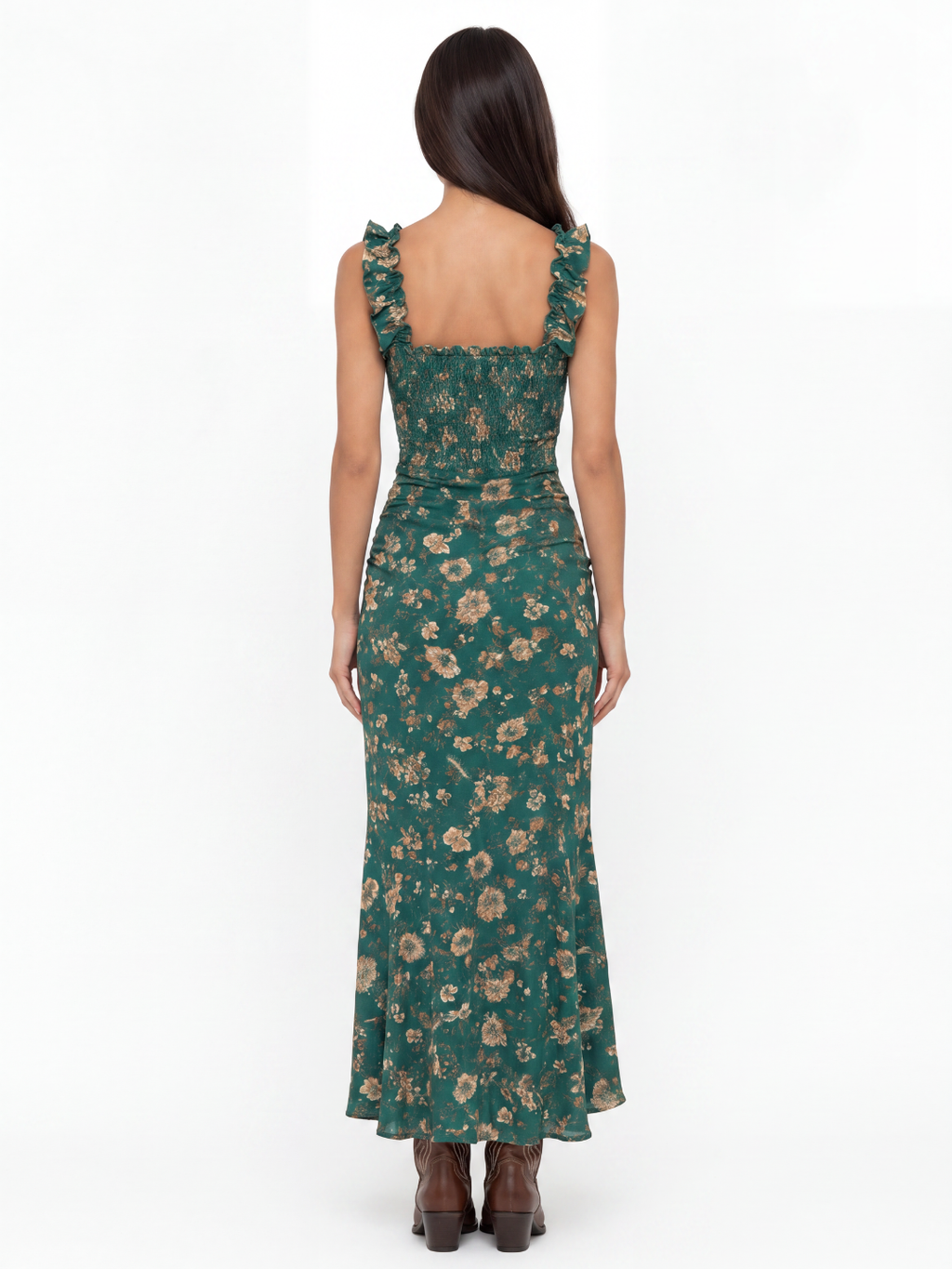 HESTIA Women's Floral Smocked Ruffle-Slit Maxi Dress