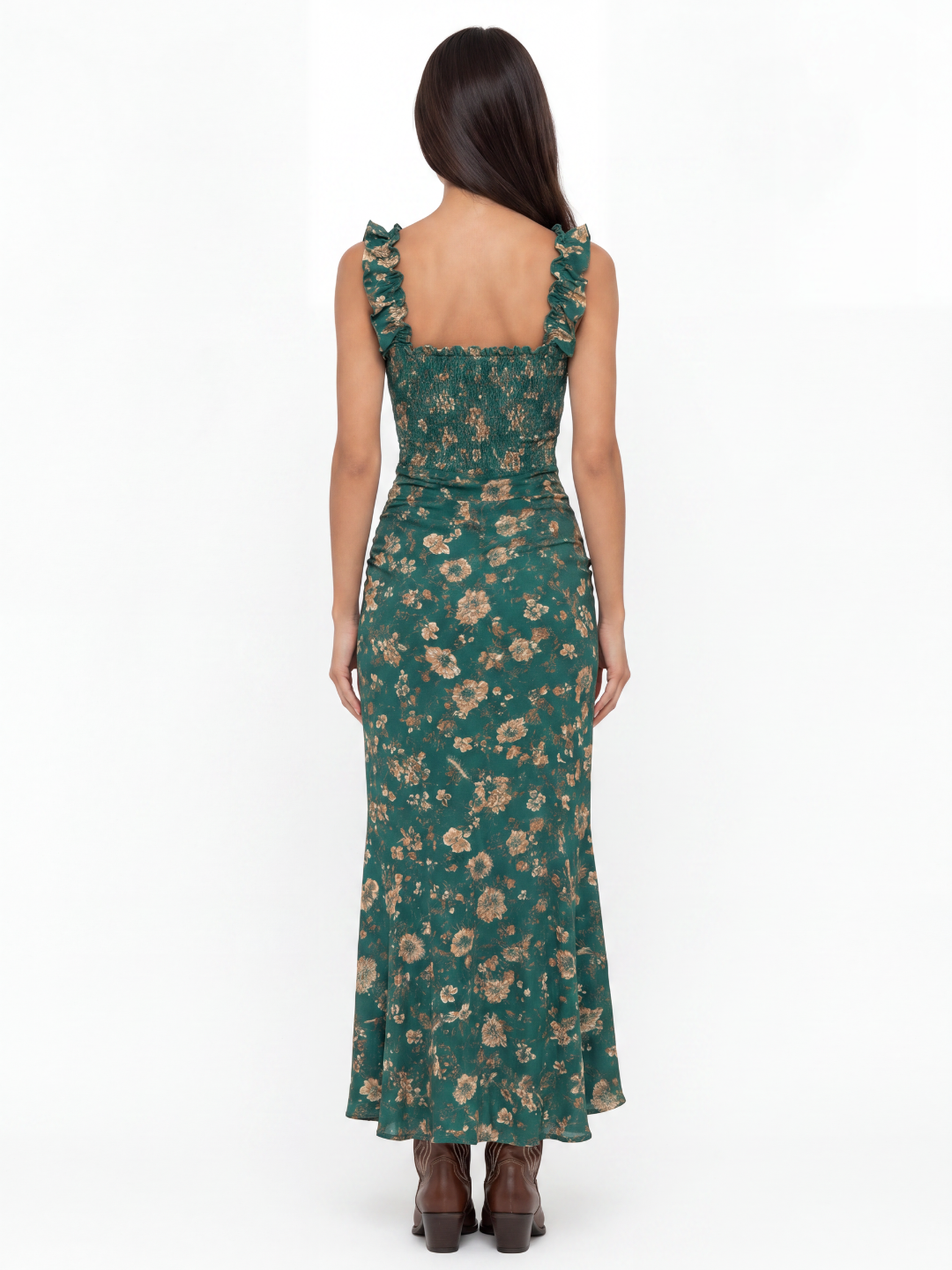HESTIA Women's Floral Smocked Ruffle-Slit Maxi Dress