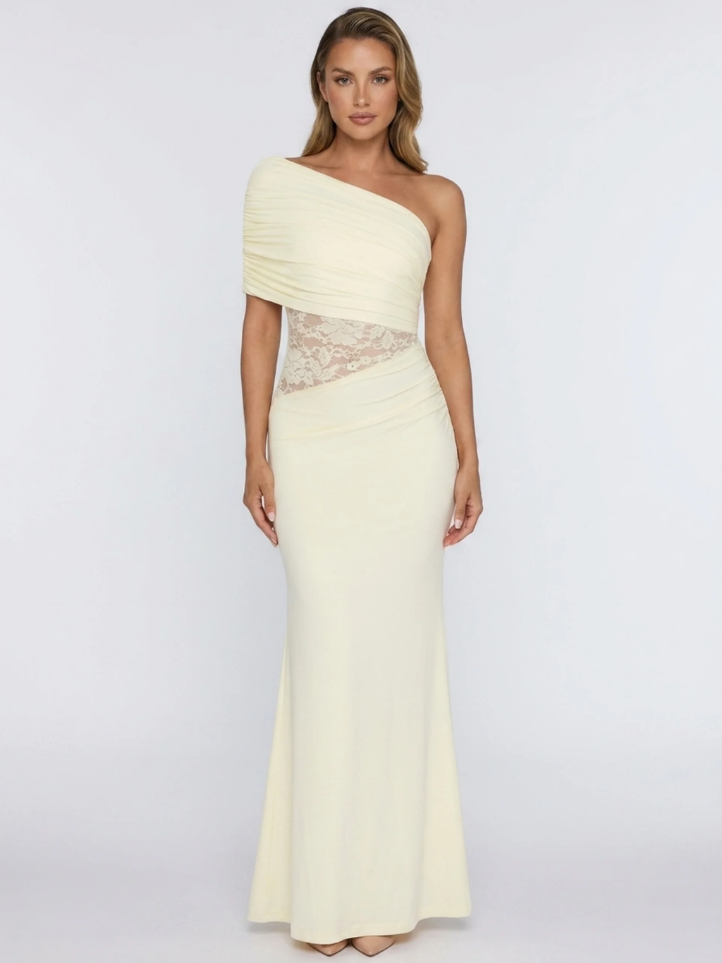 LORALIE Women's One-Shoulder Ruched Maxi Dress with Lace Waist