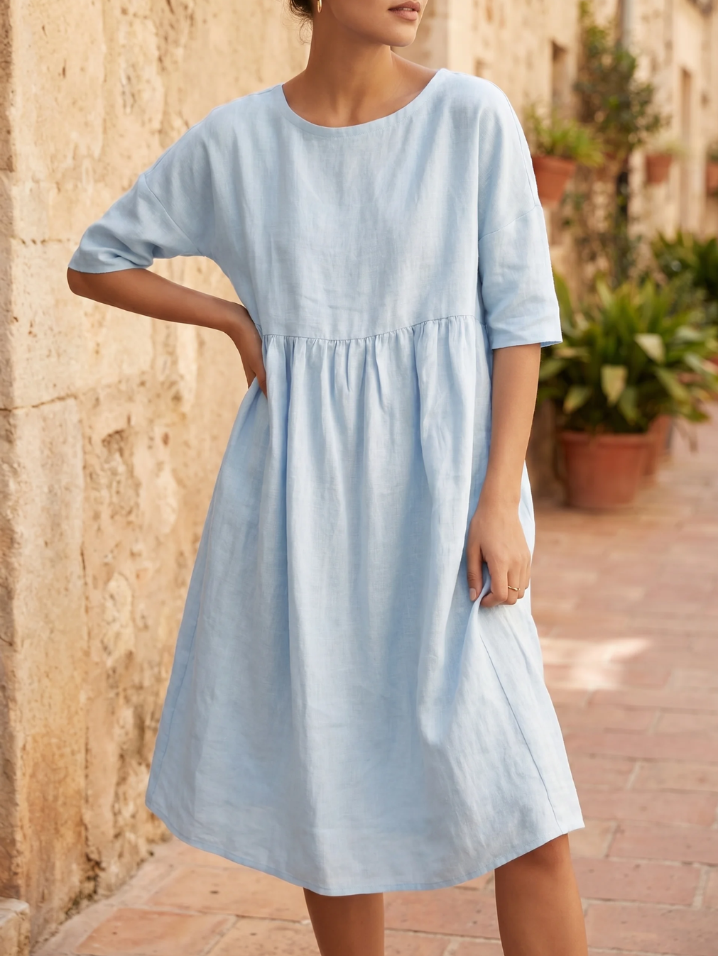 WINTRESS Women's Three-Quarter Sleeve Linen A-Line Midi Dress with Pockets