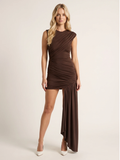KAIA Women's High-Neck Ruched Asymmetric Drape Mini Dress