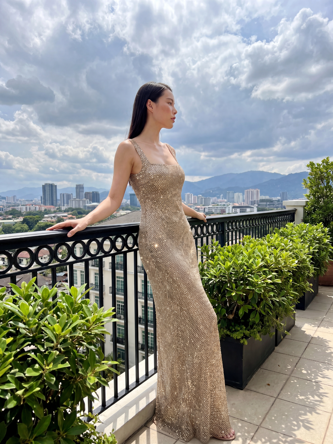 HALONA Women's Rhinestone Square-Neck Maxi Gown
