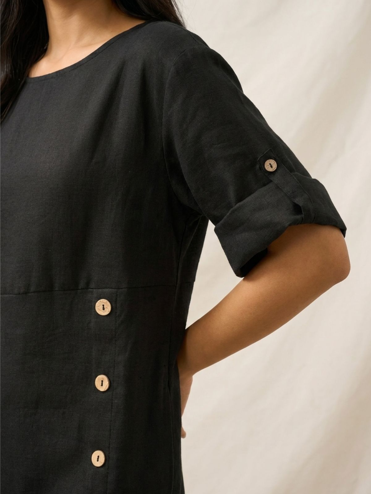 FENNIMORE Women's Linen Midi Dress with Button Detail and Roll-Tab Sleeves