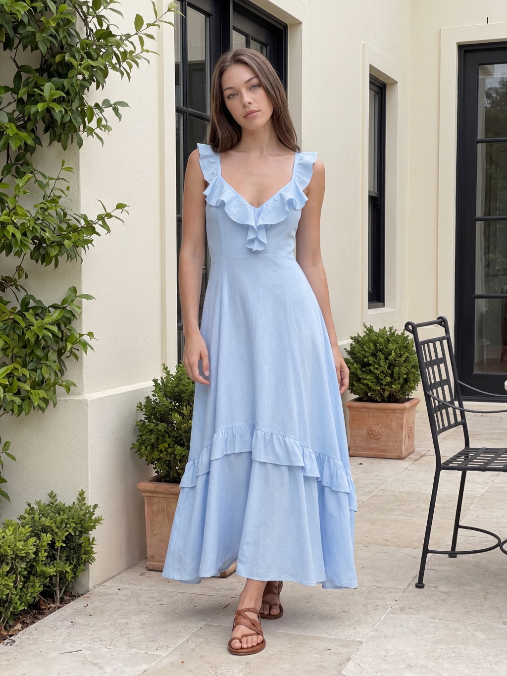 WINTERMERE Women's Ruffle V-Neck A-Line Maxi Dress