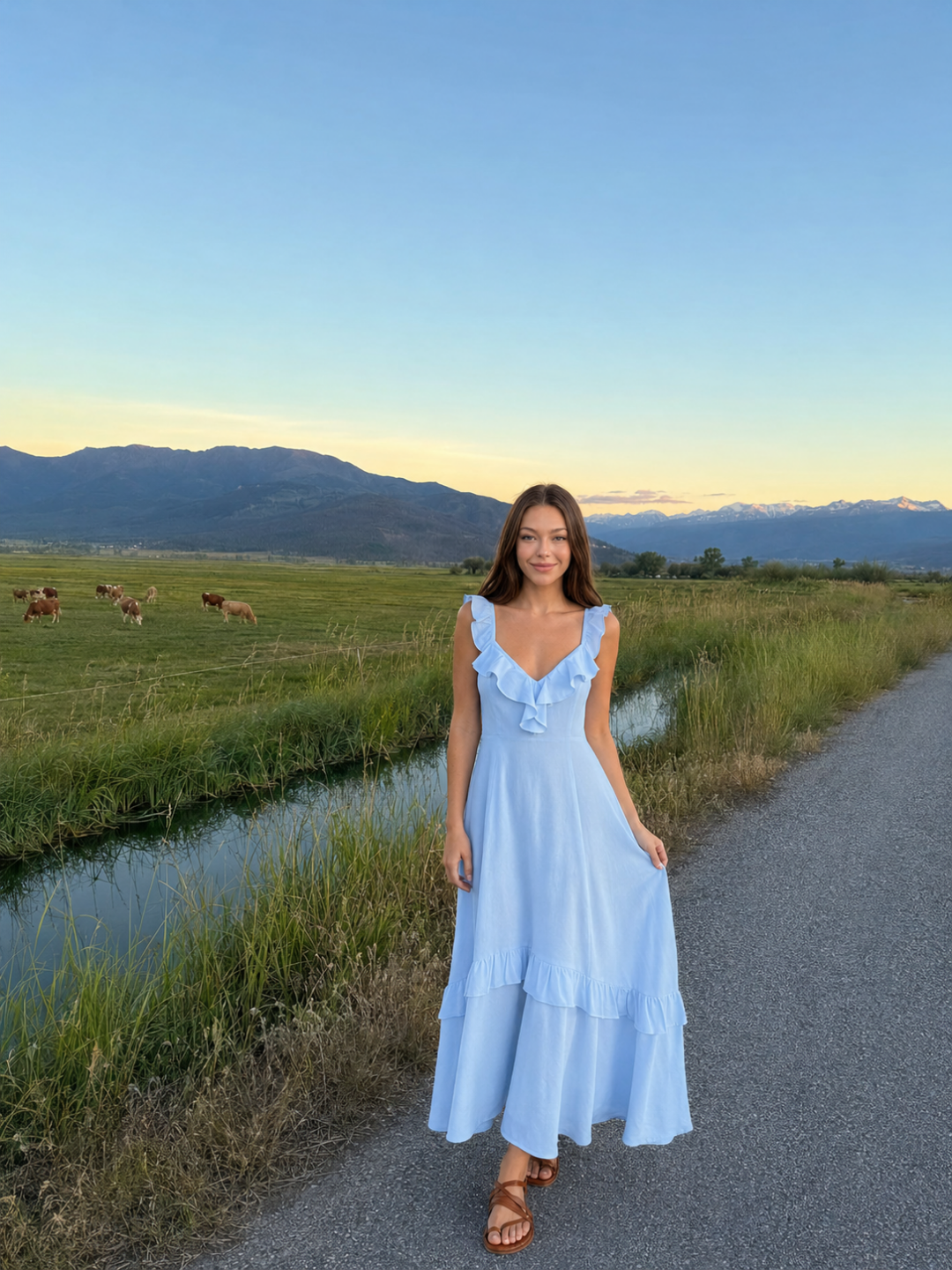 WINTERMERE Women's Ruffle V-Neck A-Line Maxi Dress