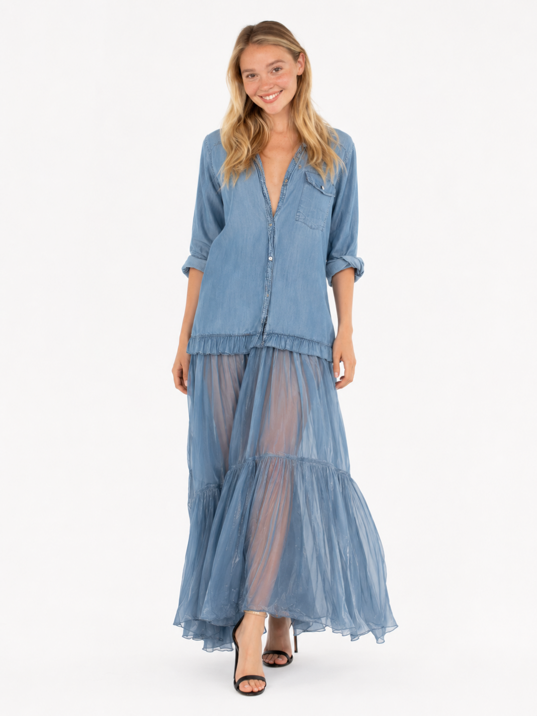 BRIELLE Women's Half Sleeve Denim and Organza Patchwork Maxi Dress