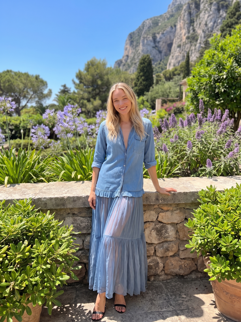 BRIELLE Women's Half Sleeve Denim and Organza Patchwork Maxi Dress