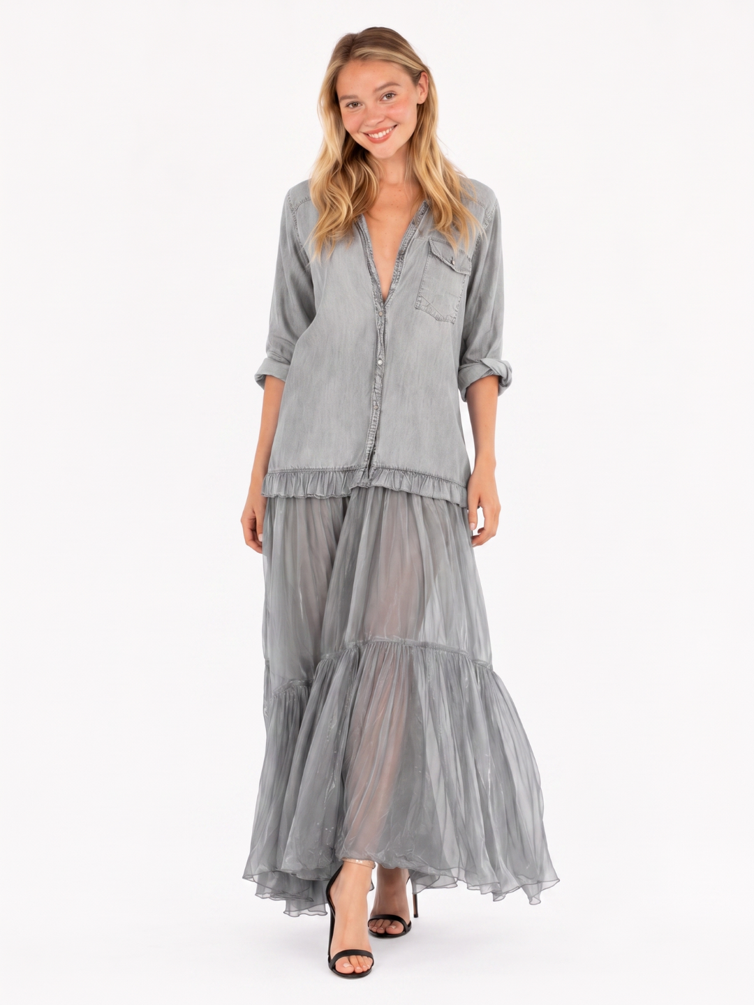 BRIELLE Women's Half Sleeve Denim and Organza Patchwork Maxi Dress