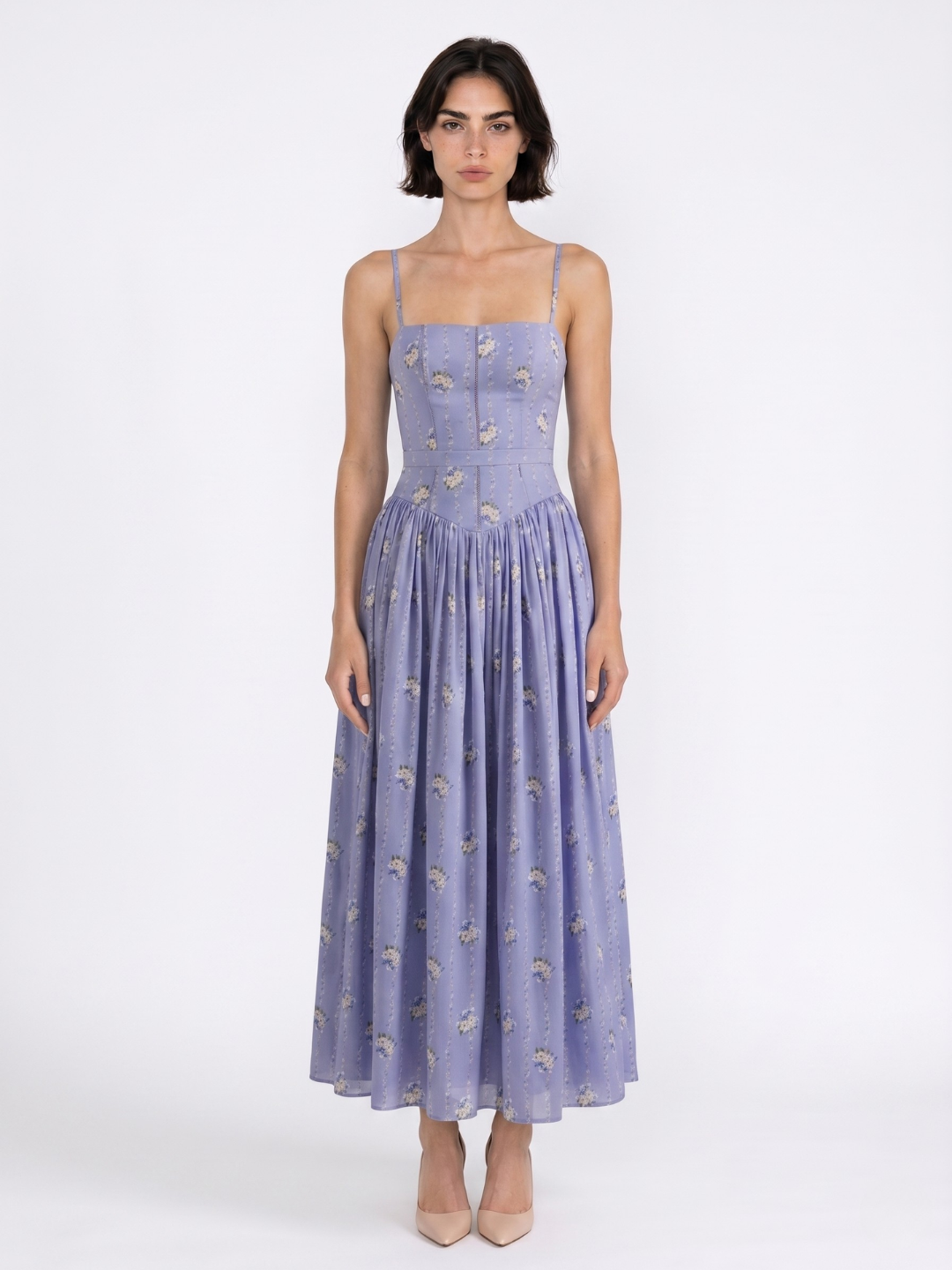 ROSEMUND Women's Floral Spaghetti-Strap Midi Dress with Gathered Skirt
