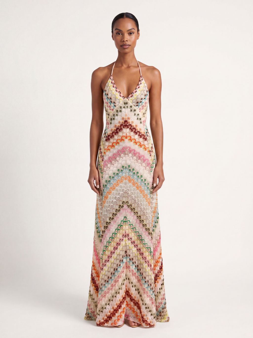 CORVANI Women's Crochet Knit Chevron V-Neck Maxi Dress