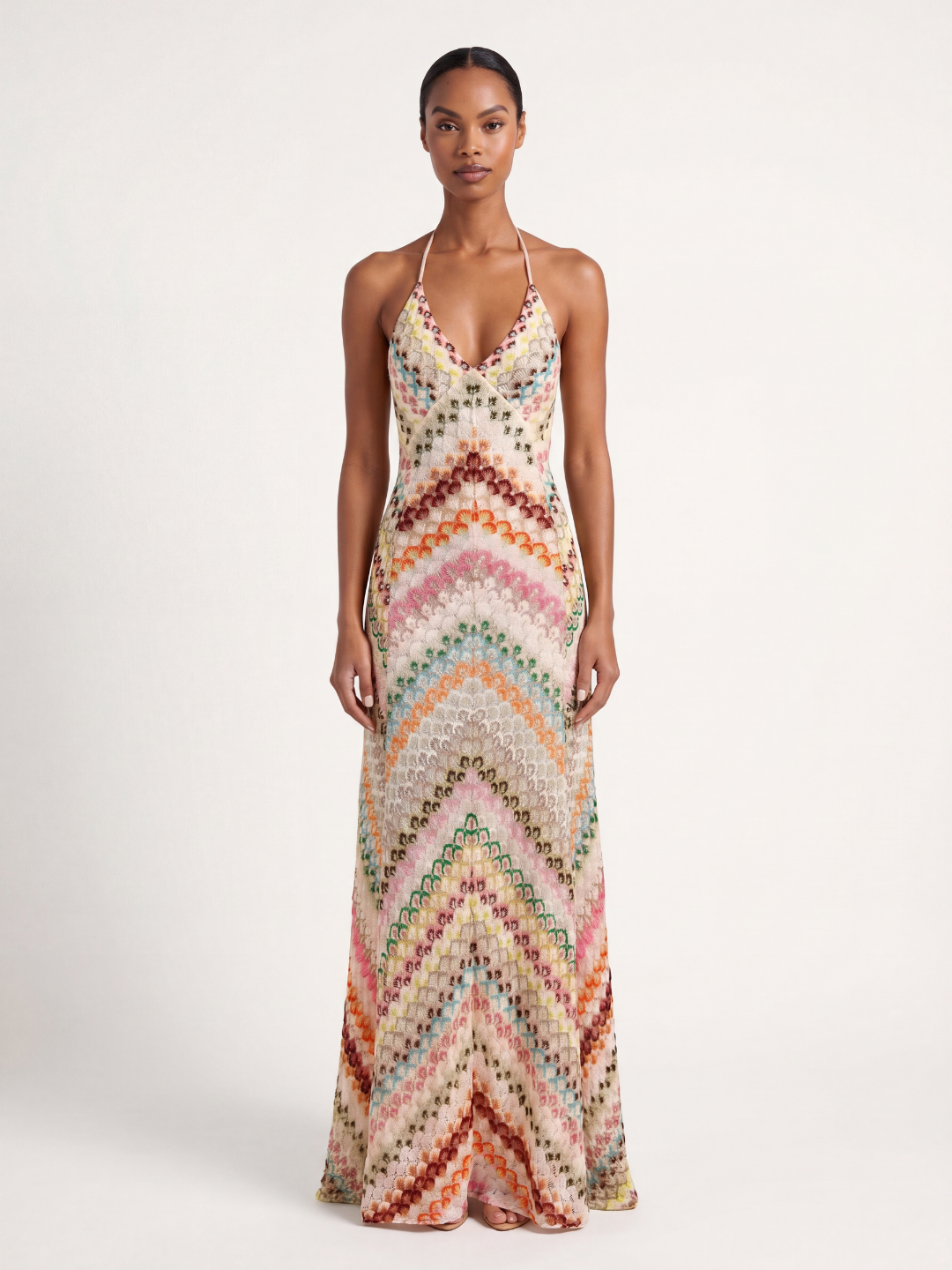 CORVANI Women's Crochet Knit Chevron V-Neck Maxi Dress