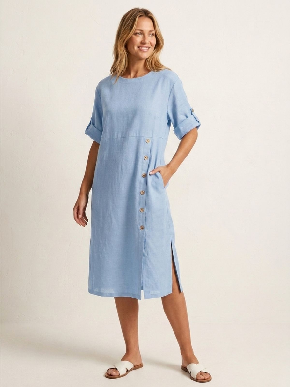 FENNIMORE Women's Linen Midi Dress with Button Detail and Roll-Tab Sleeves