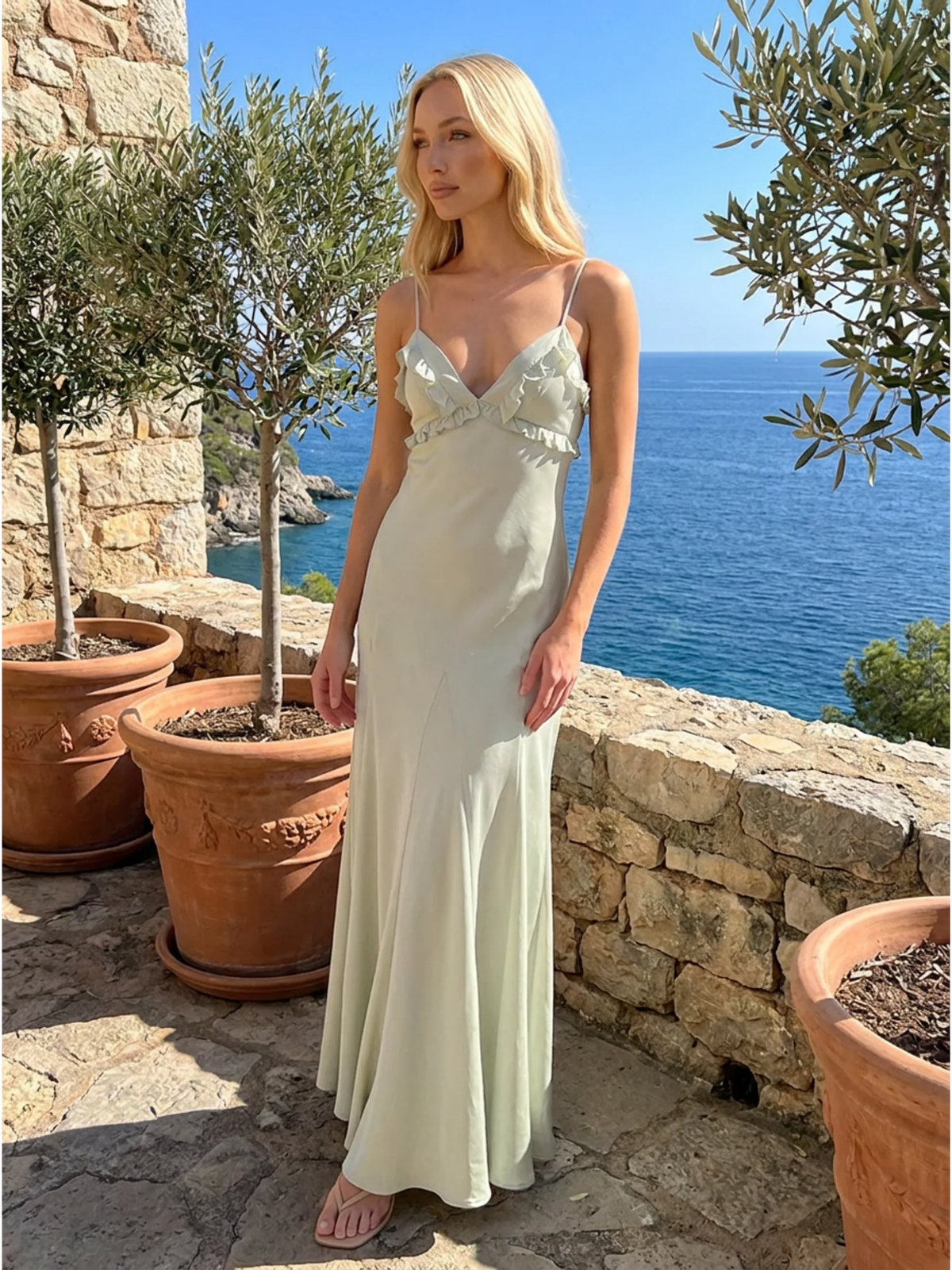 VESPERA Women's Frill-Trim V-Neck Godet Maxi Slip Dress