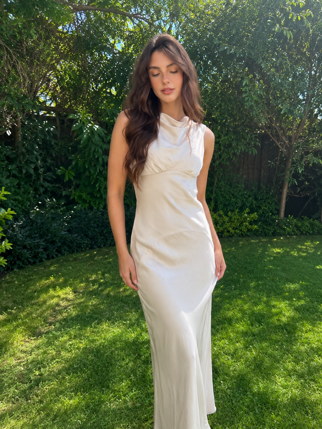 YSEULT Women's Cowl Neck Open-Back Satin Maxi Dress