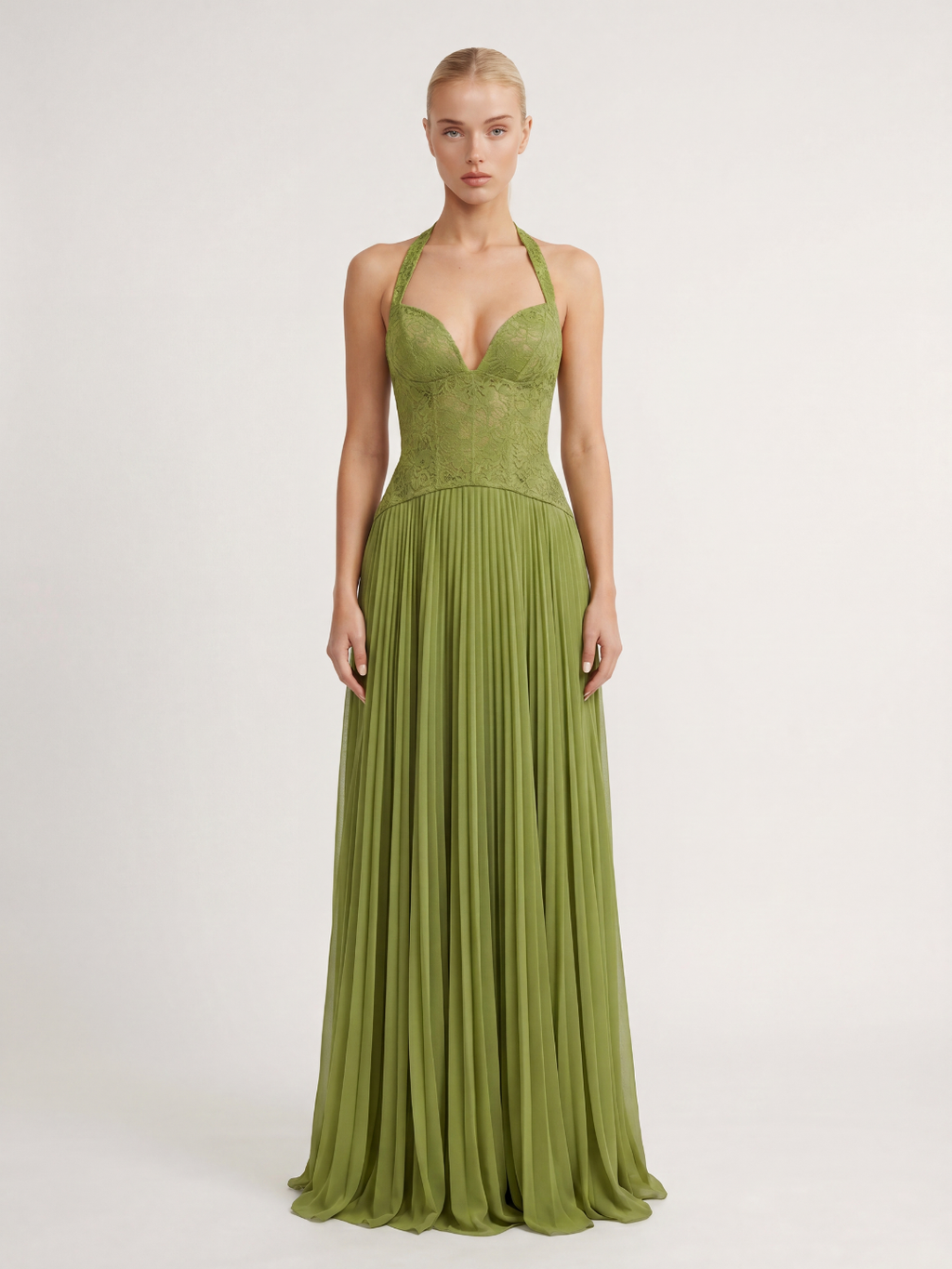 RENATA Women's Halter Lace Corset Pleated Maxi Dress
