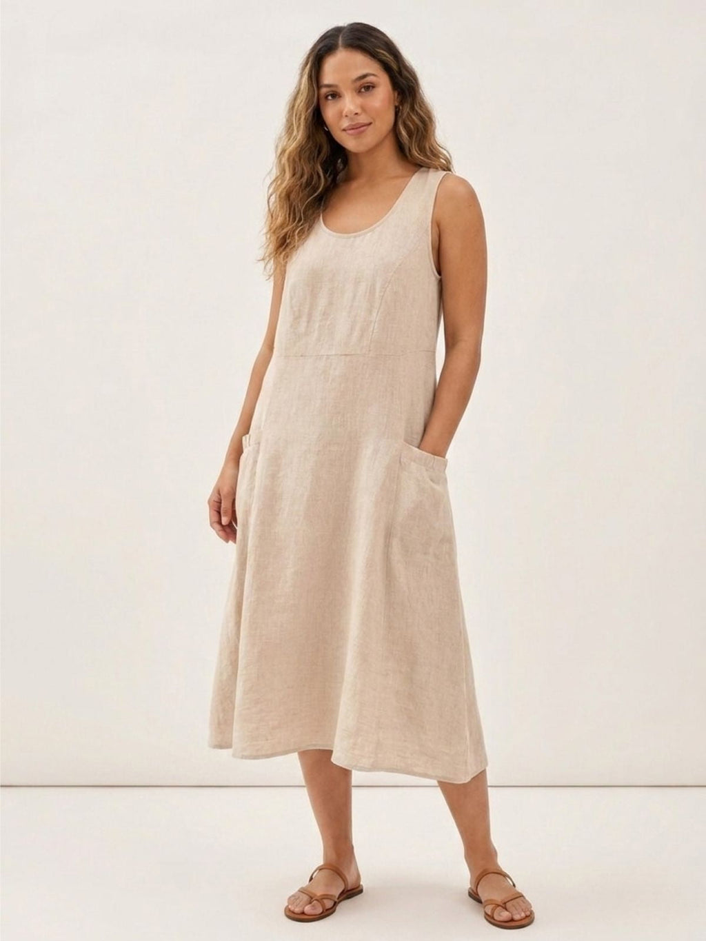 AMABEL Women's Sleeveless Linen Midi Dress with Pockets