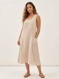 AMABEL Women's Sleeveless Linen Midi Dress with Pockets