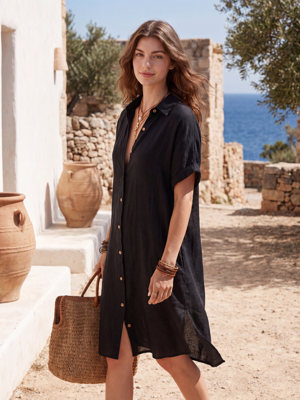 HOLLOWELL Women's Short-Sleeve Linen Button-Down Shirt Dress with Pockets