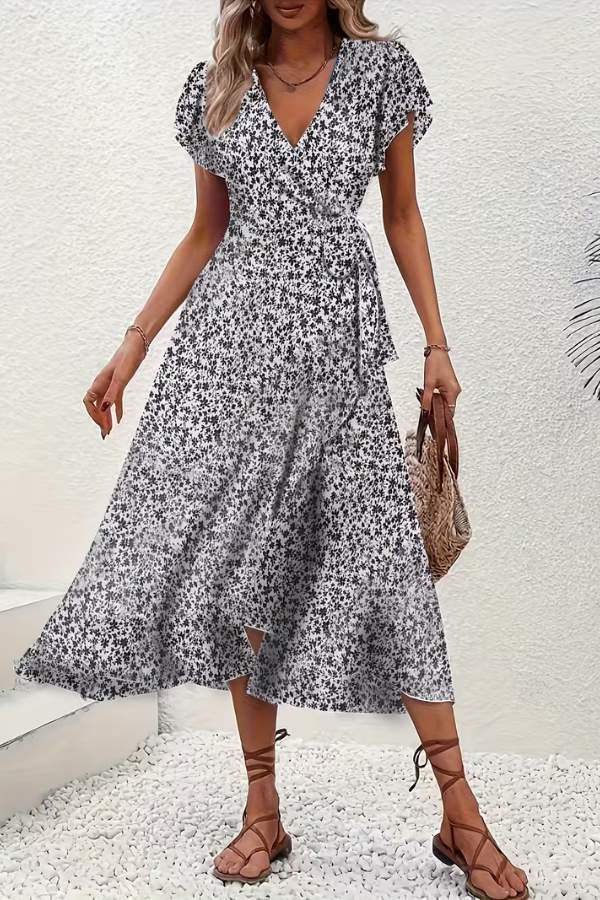 JORUNN Women's Short Sleeve Floral Print Wrap Maxi Dress