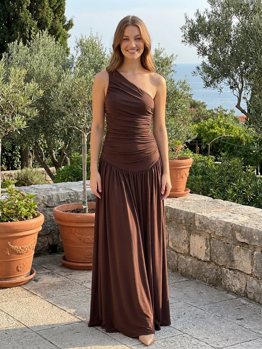 LIOR Women's One-Shoulder Ruched Maxi Dress with Split