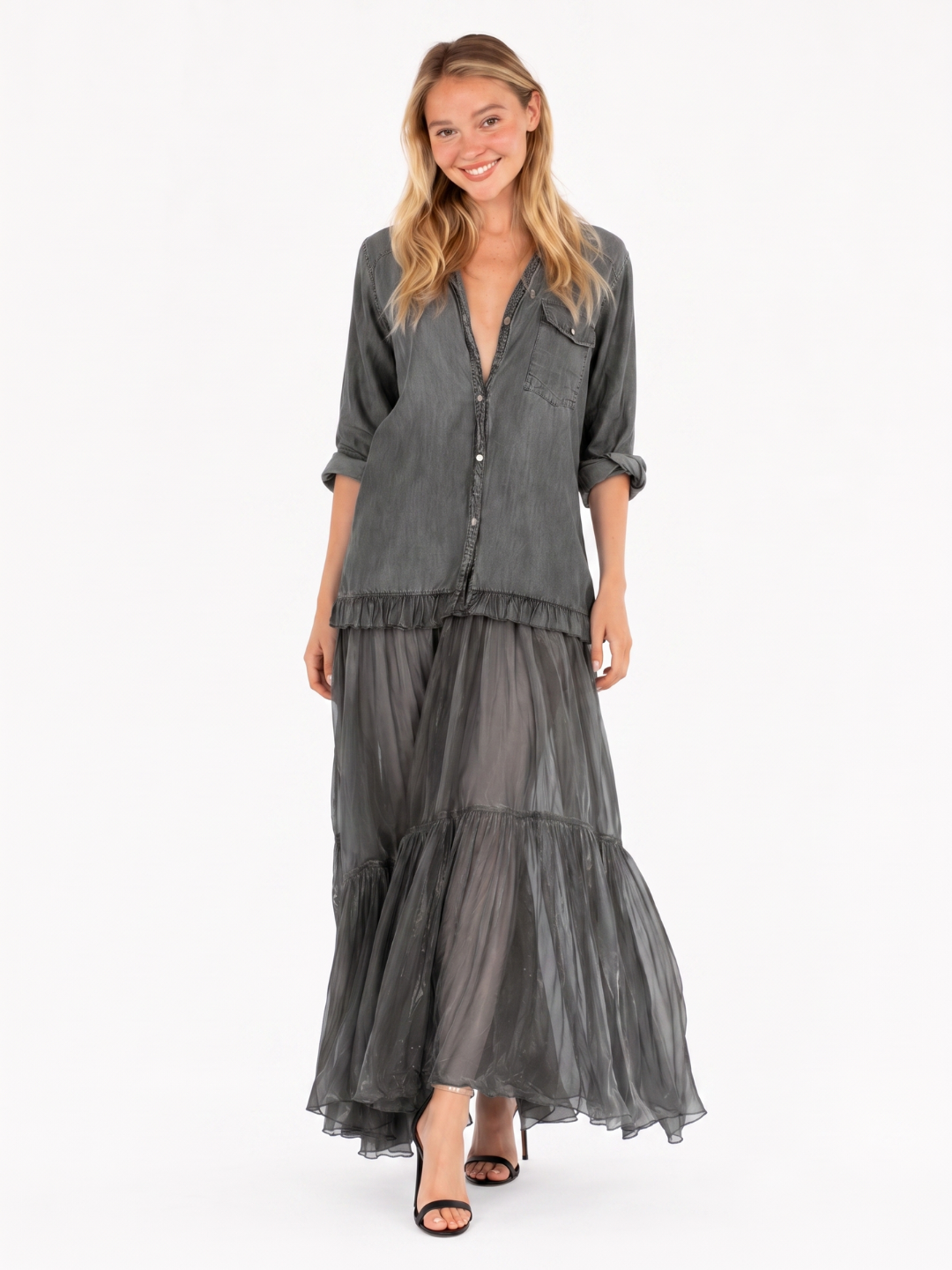 BRIELLE Women's Half Sleeve Denim and Organza Patchwork Maxi Dress