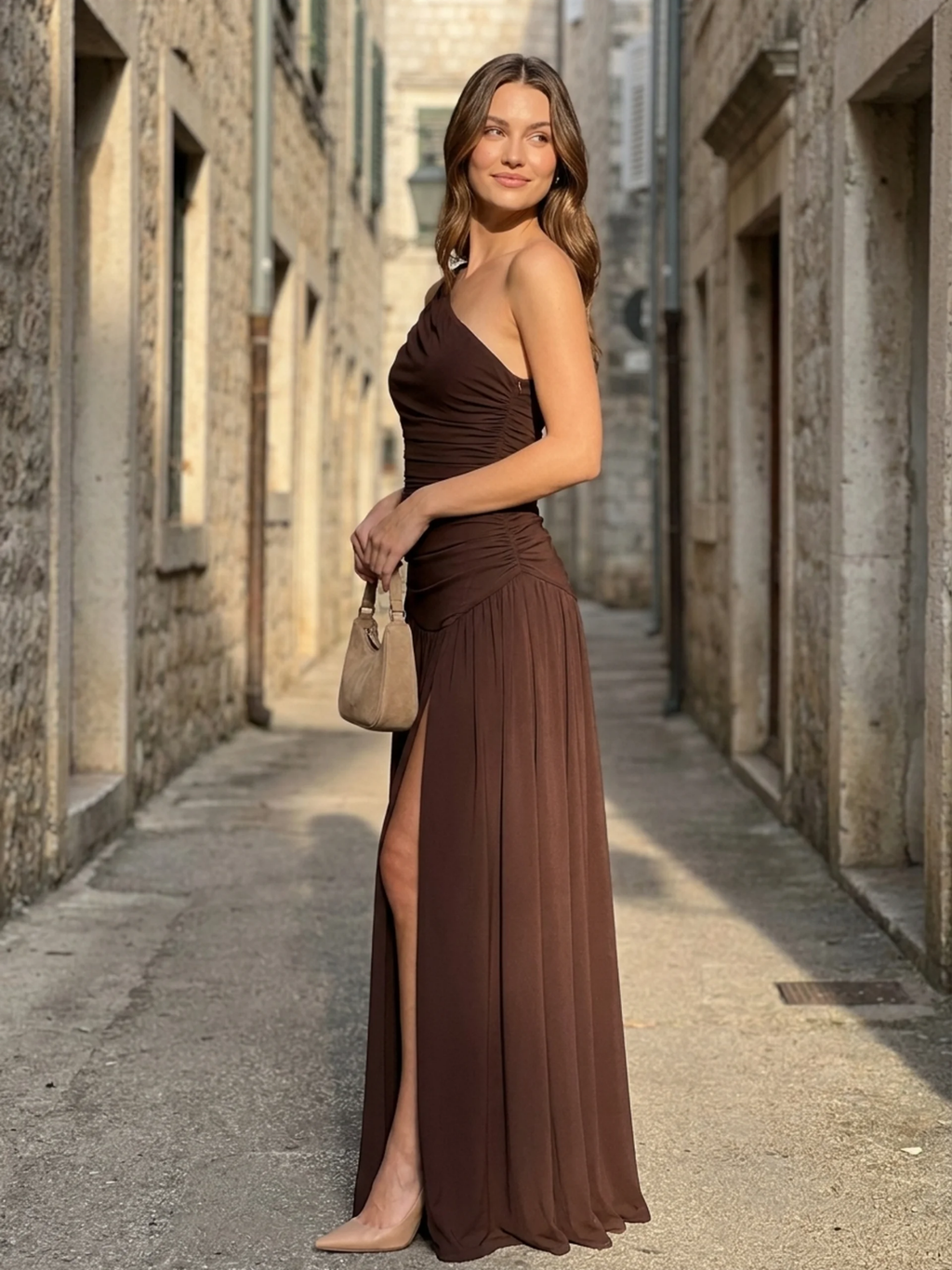 LIOR Women's One-Shoulder Ruched Maxi Dress with Split