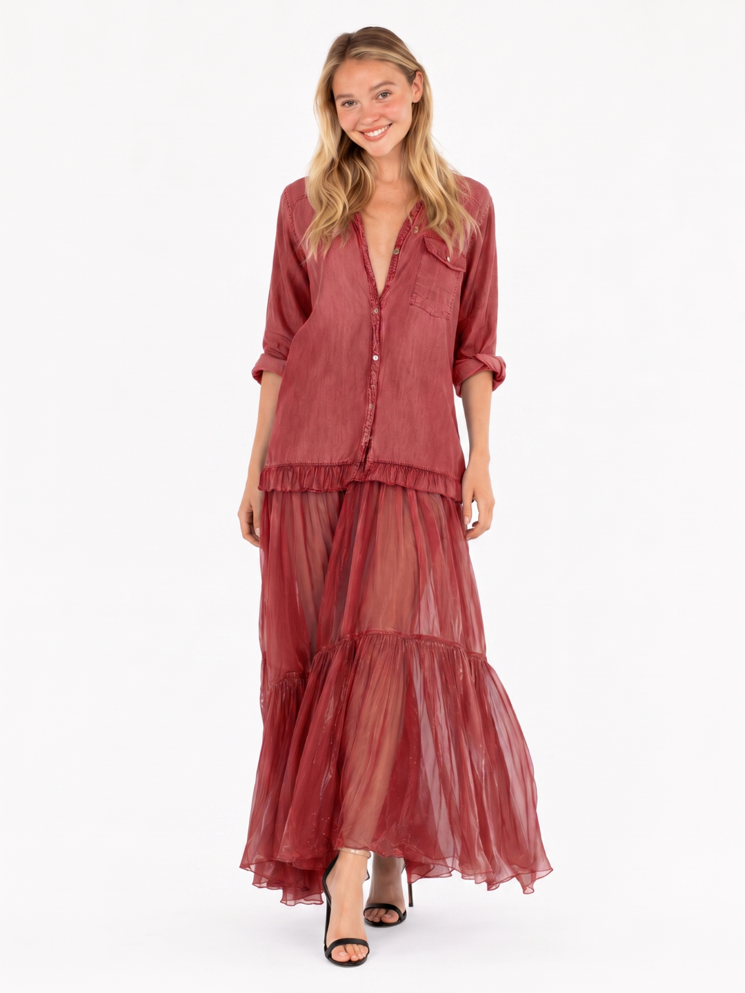 BRIELLE Women's Half Sleeve Denim and Organza Patchwork Maxi Dress