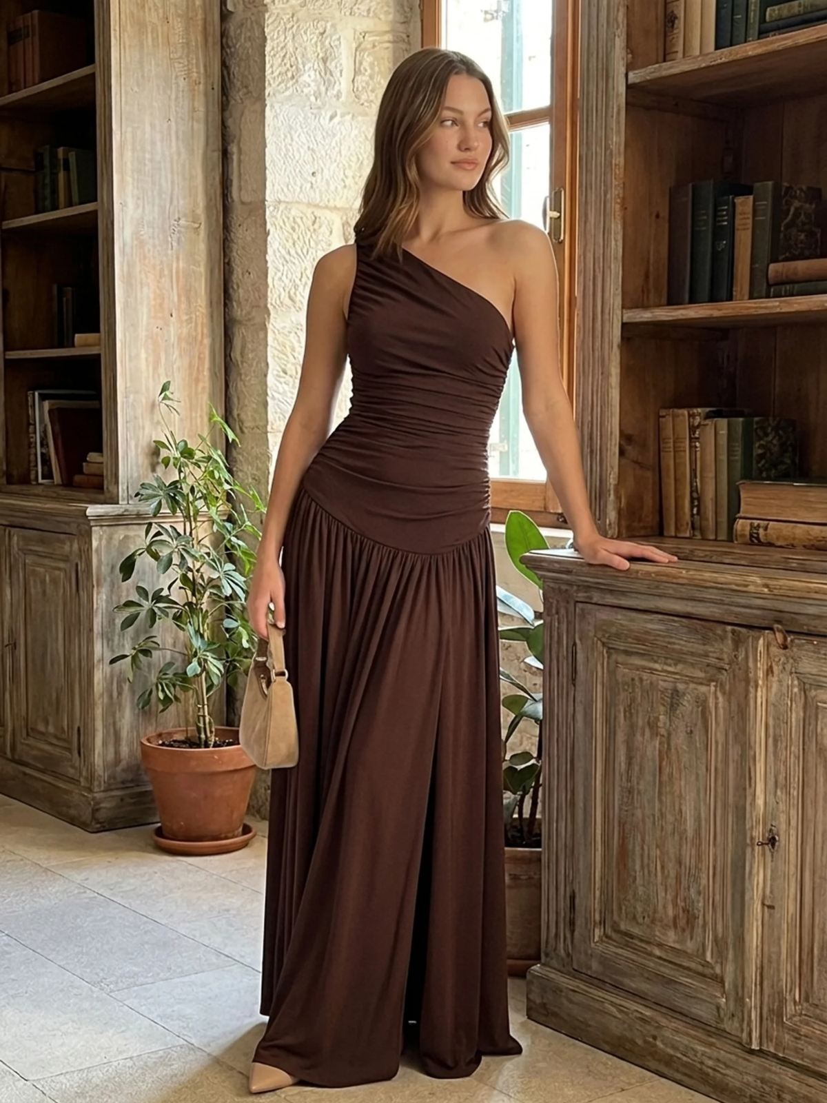 LIOR Women's One-Shoulder Ruched Maxi Dress with Split