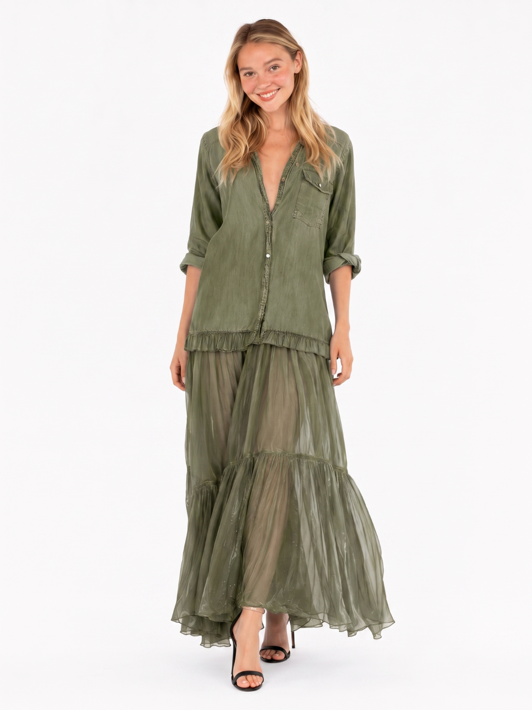 BRIELLE Women's Half Sleeve Denim and Organza Patchwork Maxi Dress