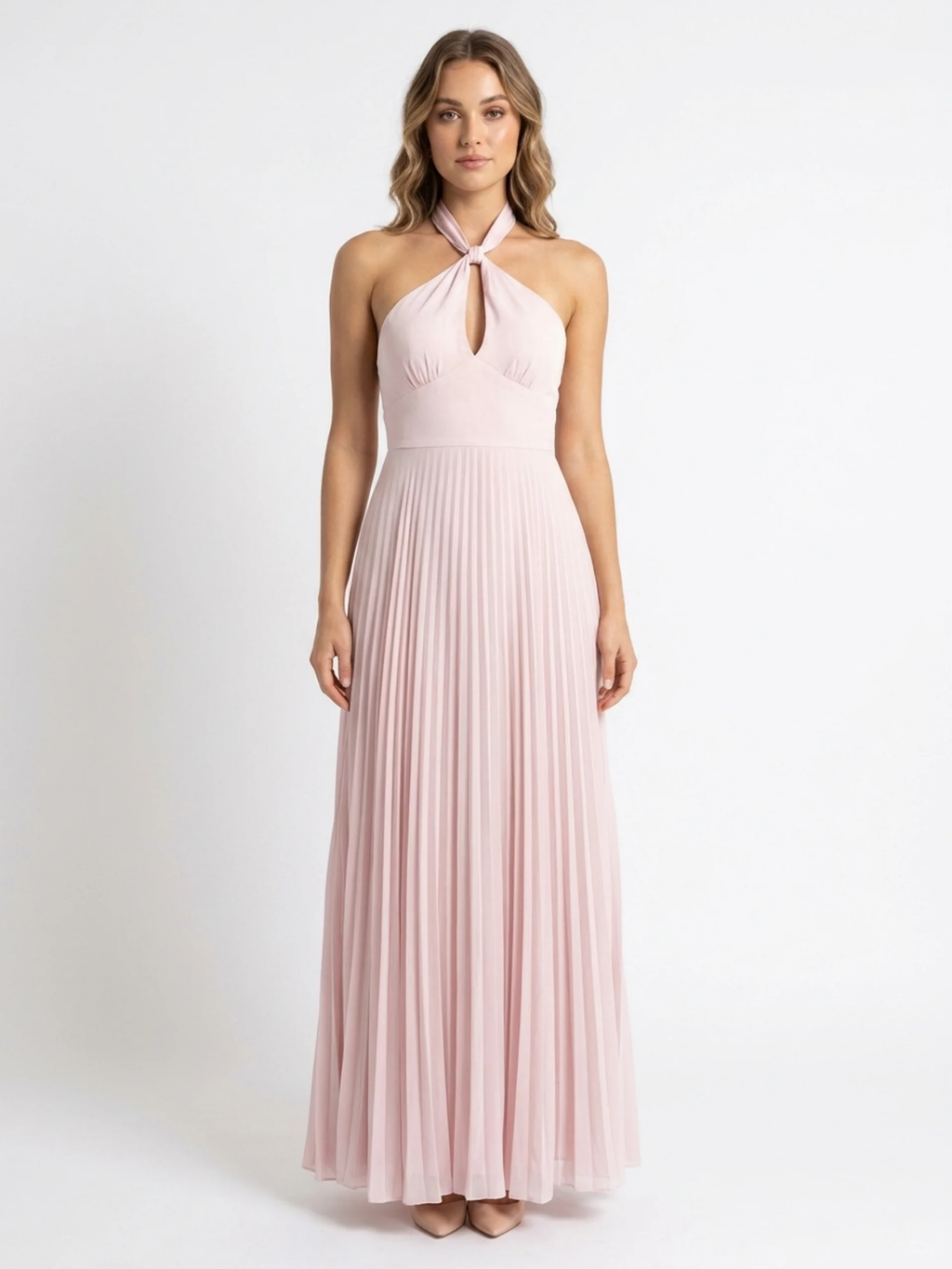 TALISE Women's Halter Twist Satin Pleated Maxi Dress