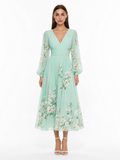 DEIRDRE Women's Floral V-Neck Lantern Sleeve Pleated Midi Dress