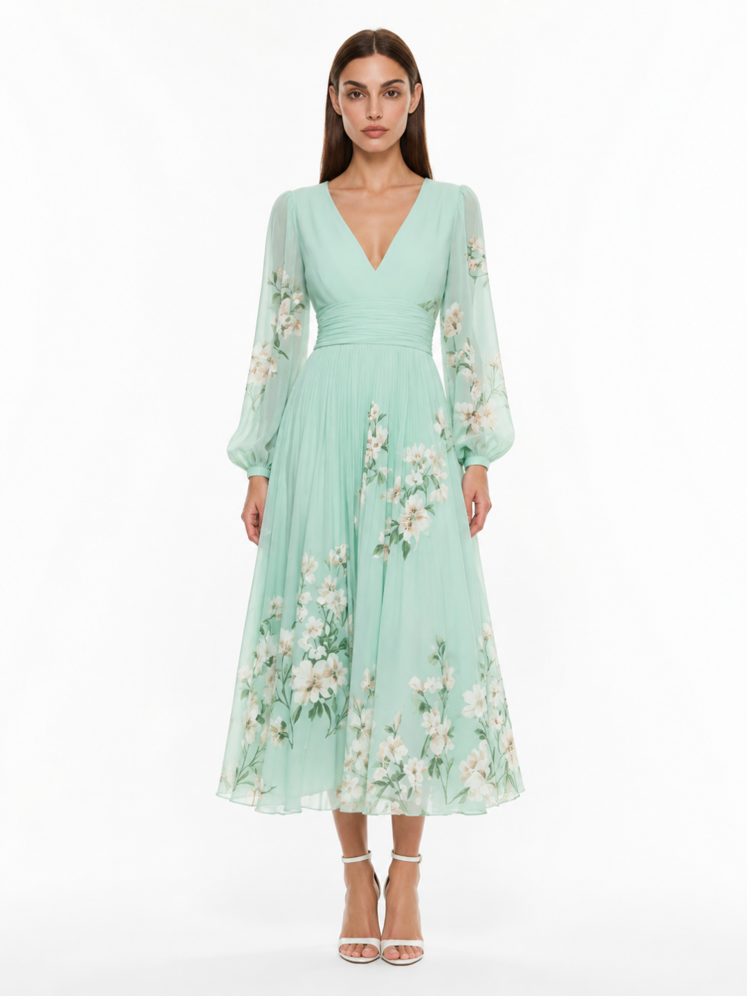 DEIRDRE Women's Floral V-Neck Lantern Sleeve Pleated Midi Dress