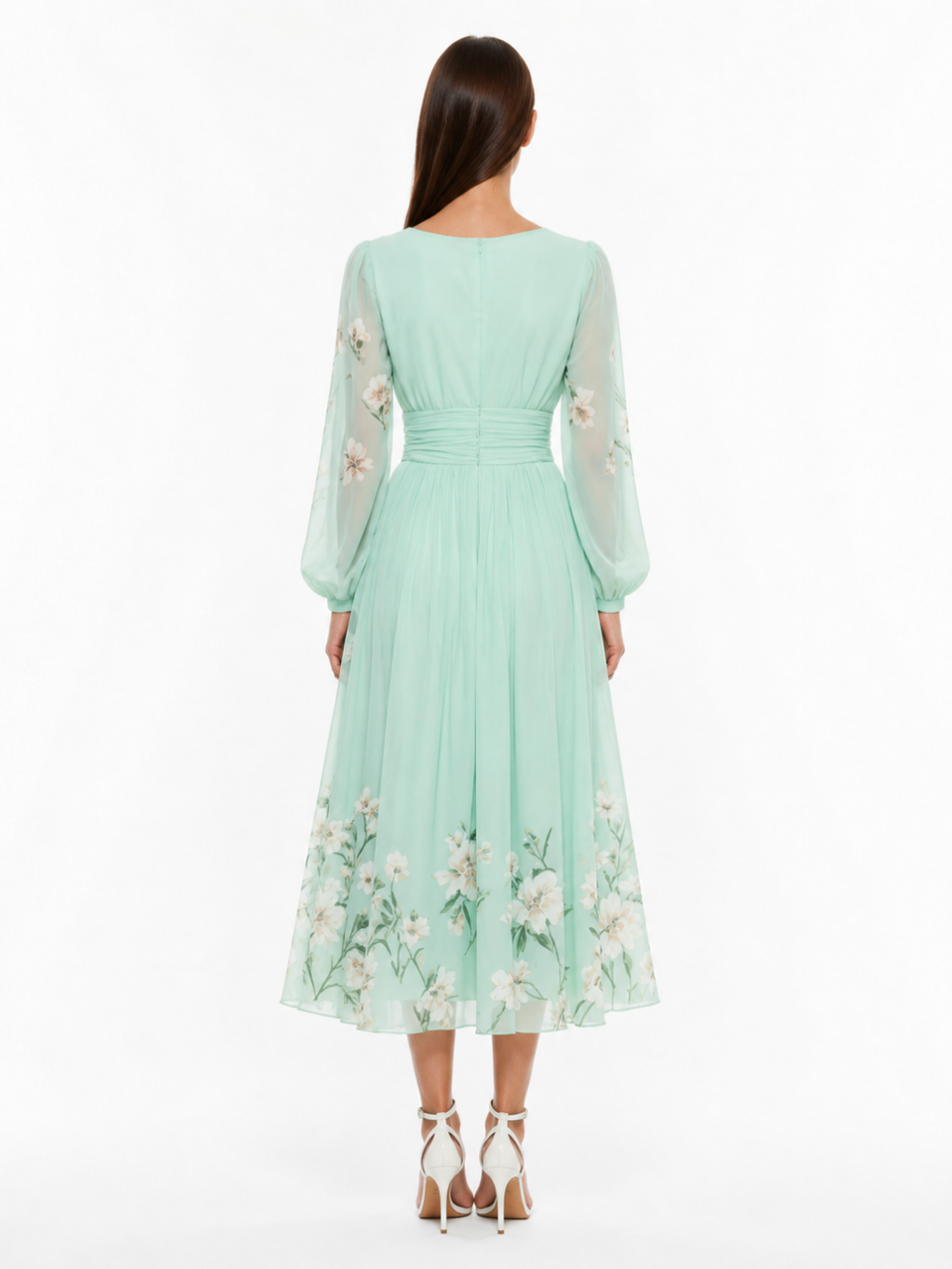 DEIRDRE Women's Floral V-Neck Lantern Sleeve Pleated Midi Dress