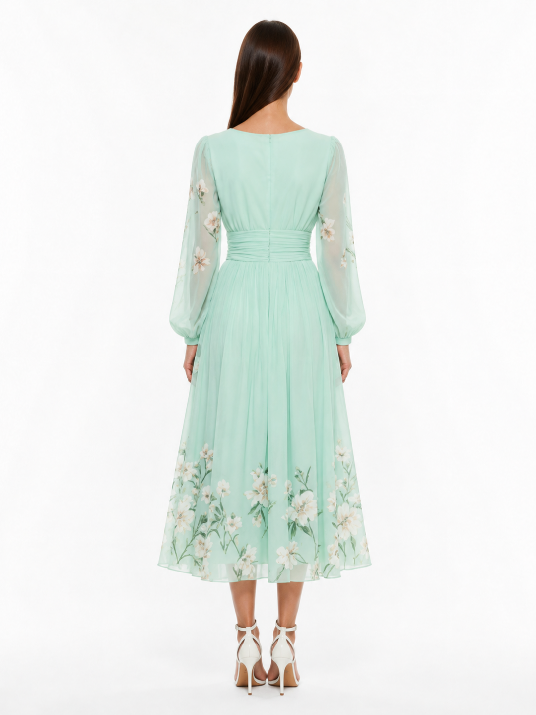 DEIRDRE Women's Floral V-Neck Lantern Sleeve Pleated Midi Dress
