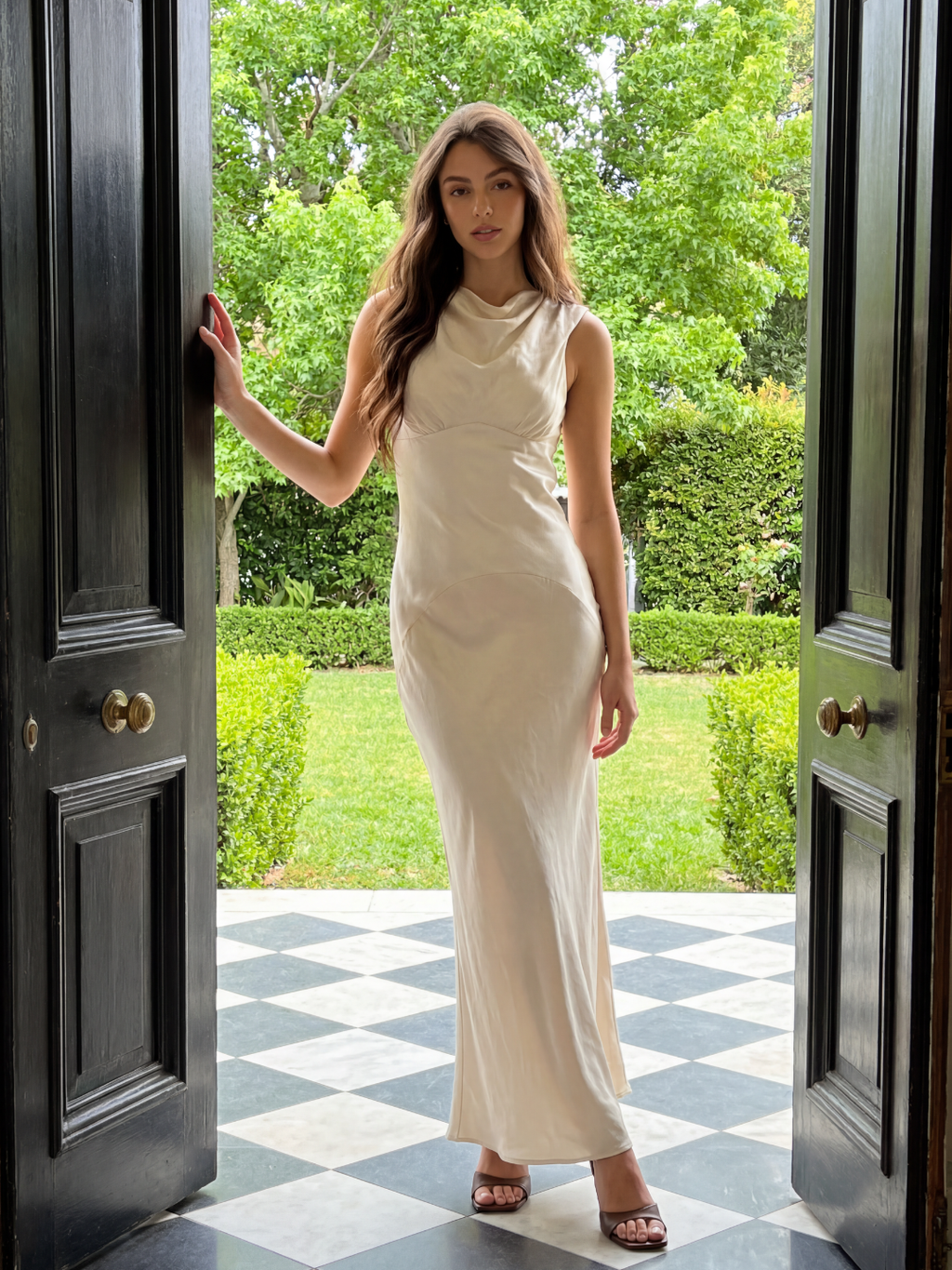 YSEULT Women's Cowl Neck Open-Back Satin Maxi Dress
