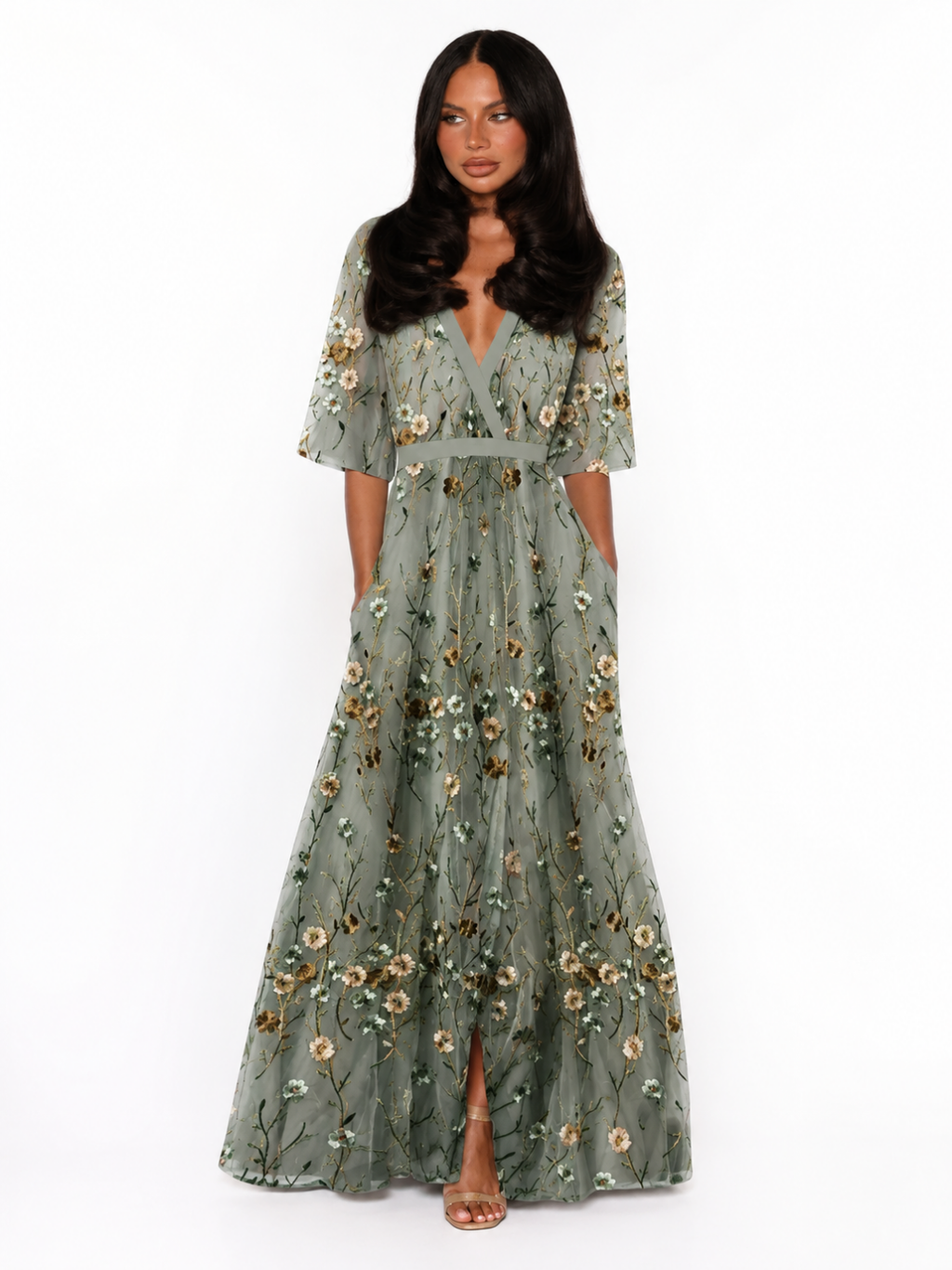 KALINE Women's Floral Embroidered V-Neck A-Line Maxi Dress