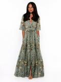 KALINE Women's Floral Embroidered V-Neck A-Line Maxi Dress