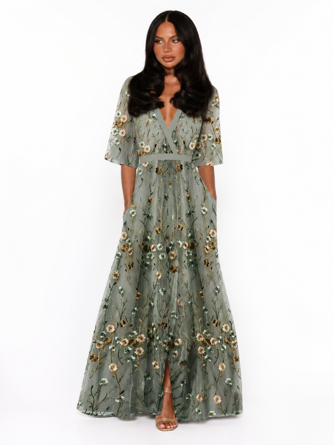 KALINE Women's Floral Embroidered V-Neck A-Line Maxi Dress
