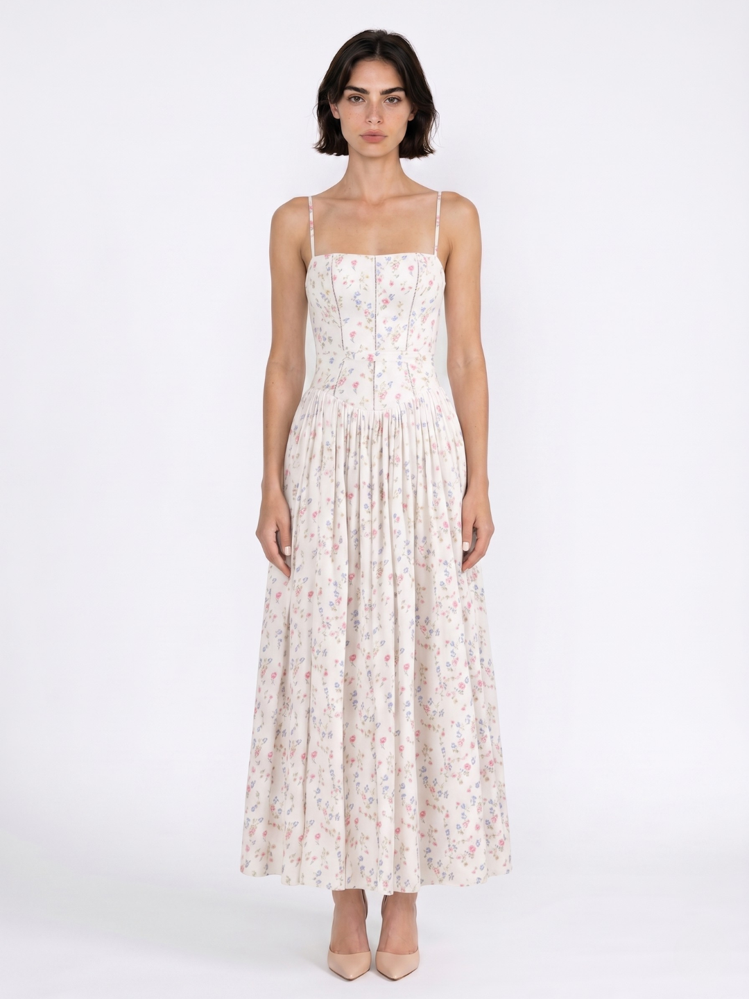 ROSEMUND Women's Floral Spaghetti-Strap Midi Dress with Gathered Skirt