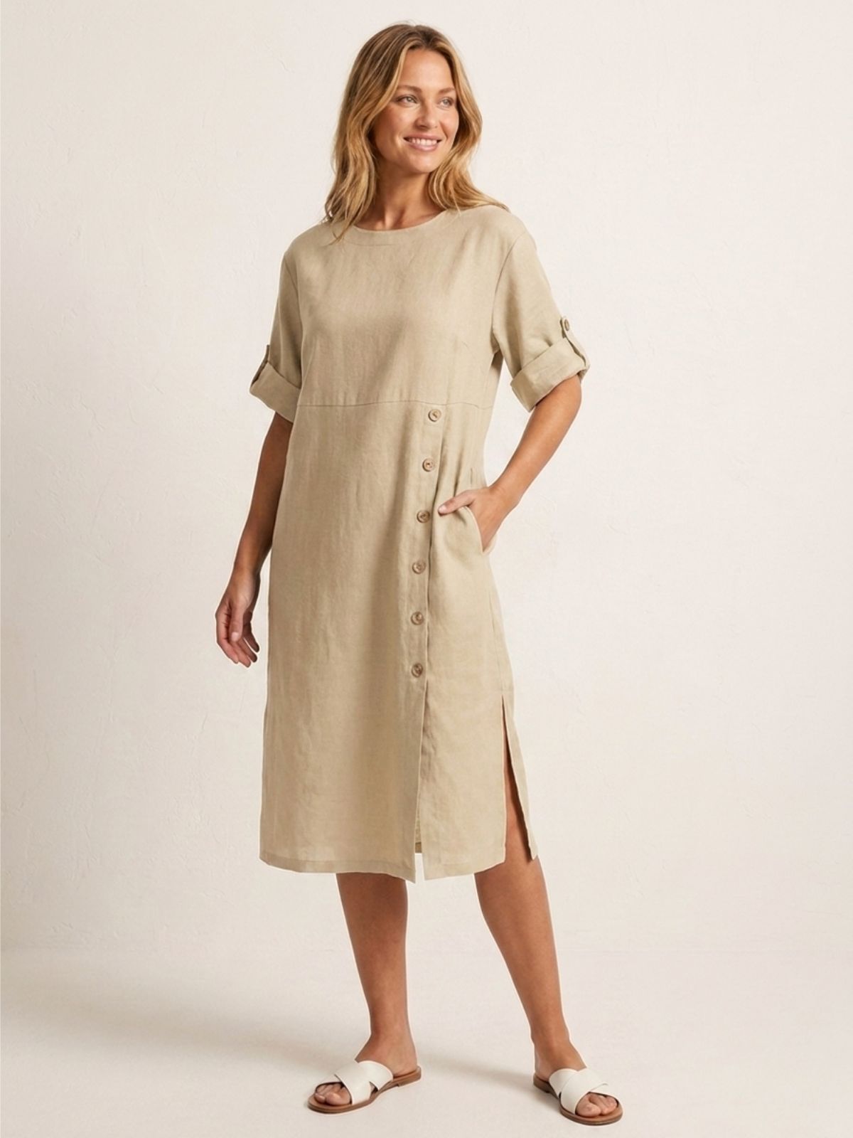 FENNIMORE Women's Linen Midi Dress with Button Detail and Roll-Tab Sleeves