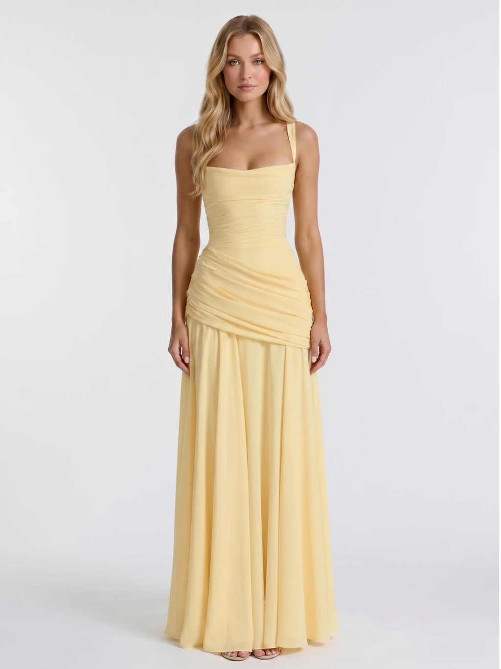 AMBRETTE Women's Square-Neck Ruched Maxi Dress with Draped Waist