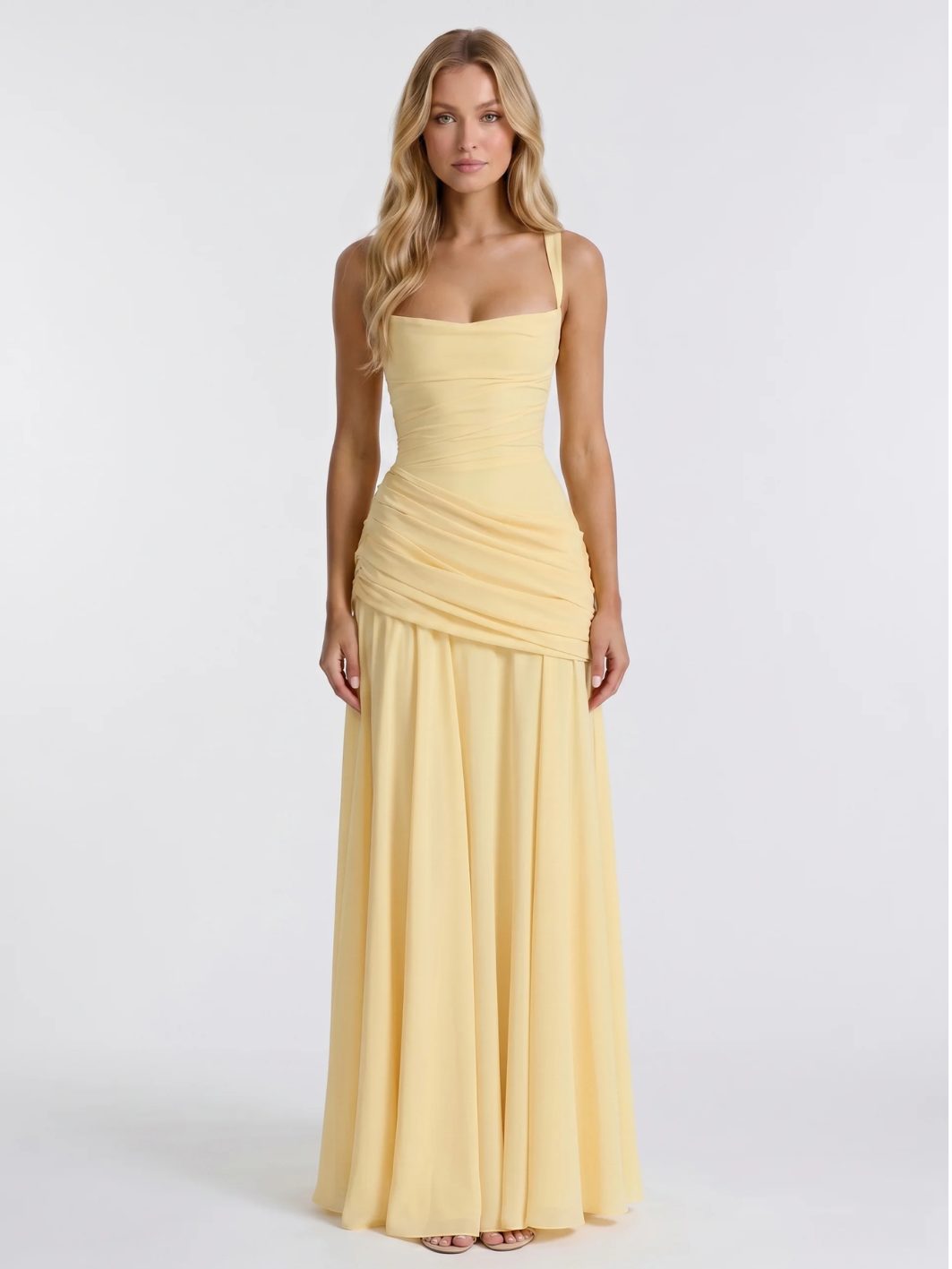 AMBRETTE Women's Square-Neck Ruched Maxi Dress with Draped Waist