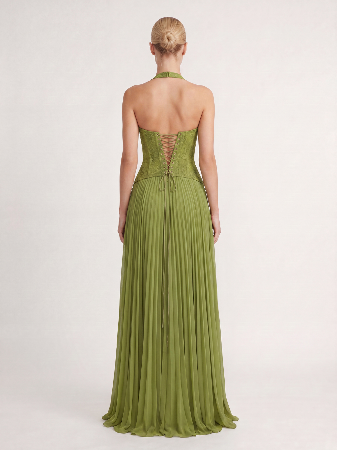 RENATA Women's Halter Lace Corset Pleated Maxi Dress