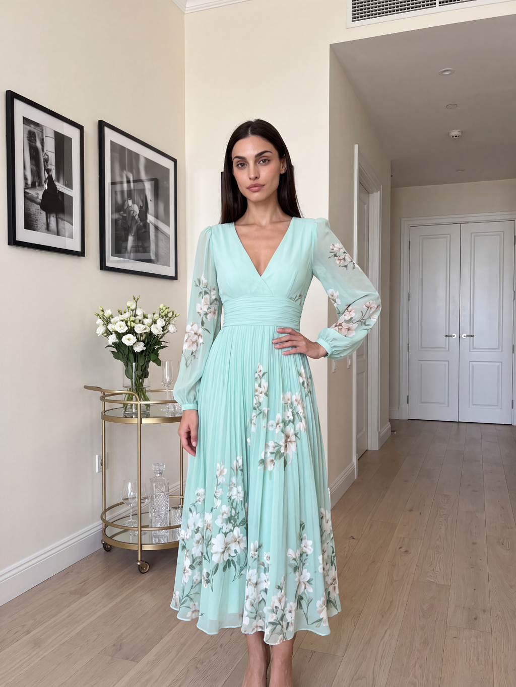 DEIRDRE Women's Floral V-Neck Lantern Sleeve Pleated Midi Dress