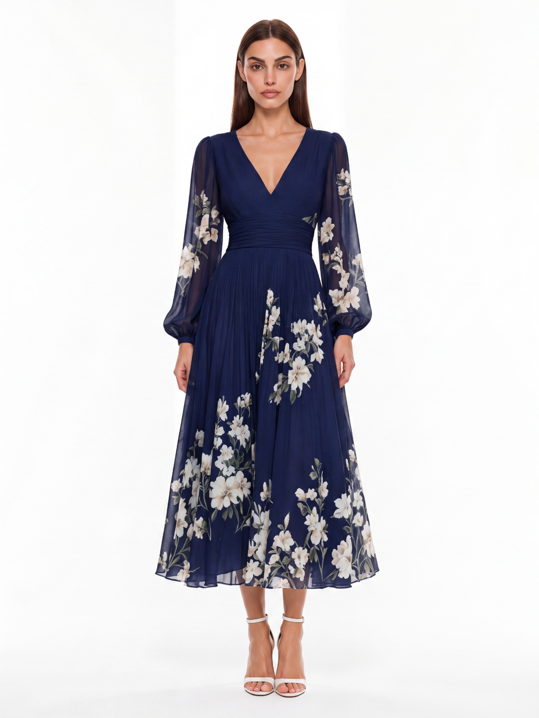 DEIRDRE Women's Floral V-Neck Lantern Sleeve Pleated Midi Dress
