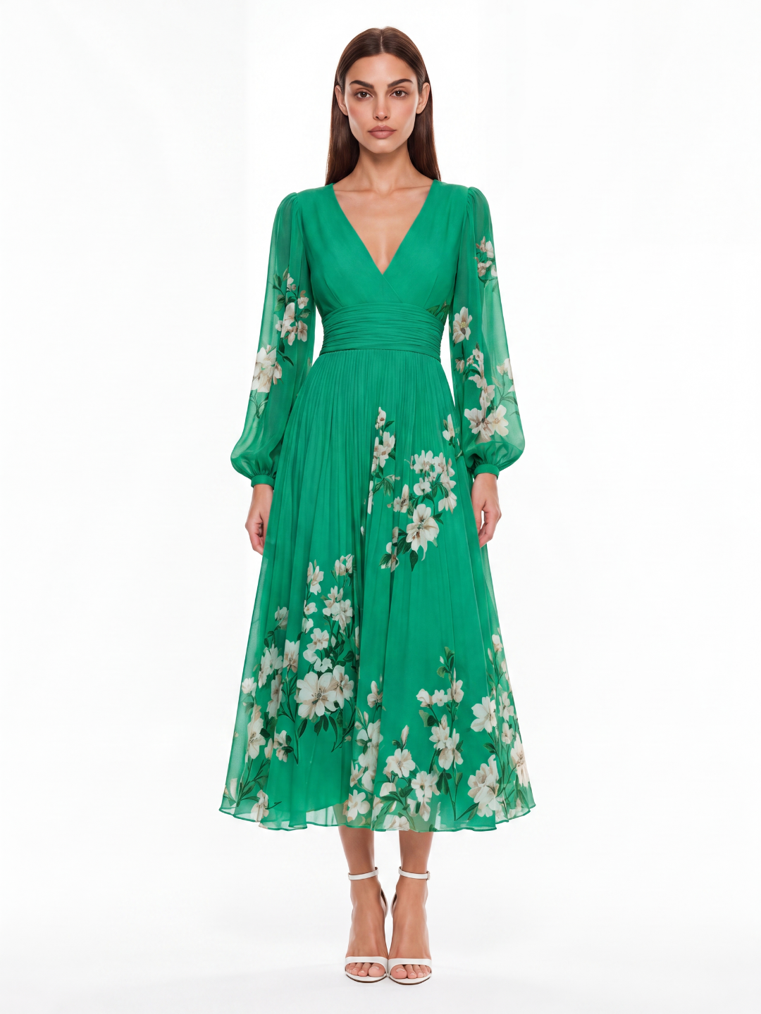 DEIRDRE Women's Floral V-Neck Lantern Sleeve Pleated Midi Dress