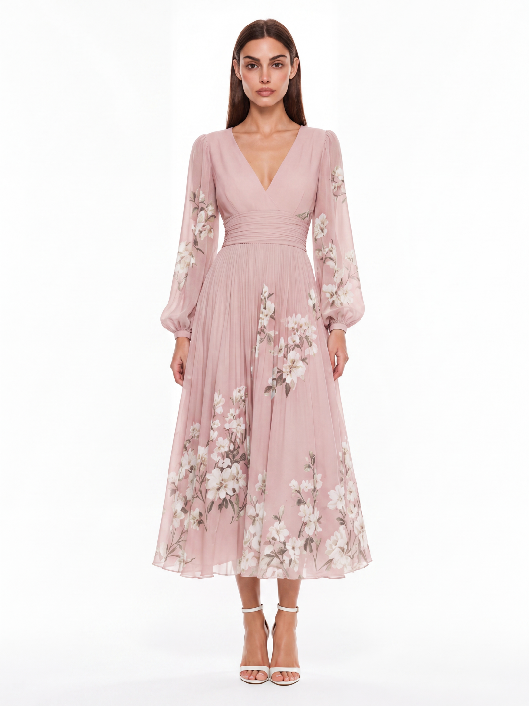 DEIRDRE Women's Floral V-Neck Lantern Sleeve Pleated Midi Dress