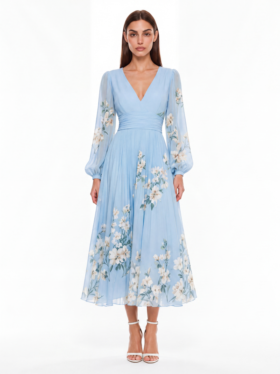 DEIRDRE Women's Floral V-Neck Lantern Sleeve Pleated Midi Dress